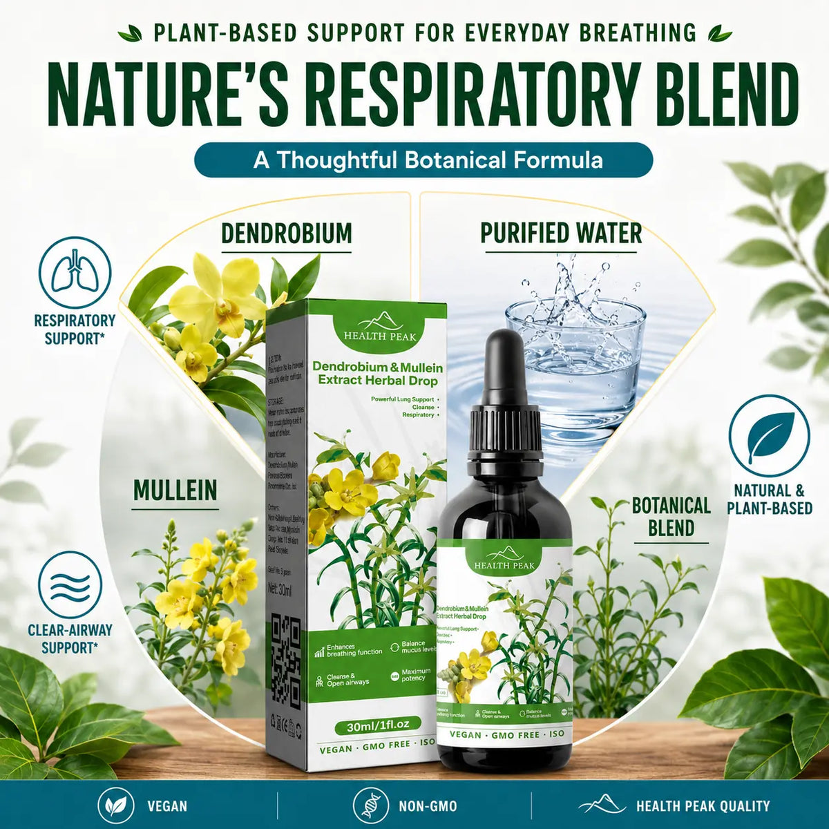 Health Peak™ Dendrobium & Mullein Extract:  Powerful Lung Support Cleanse & Respiratory