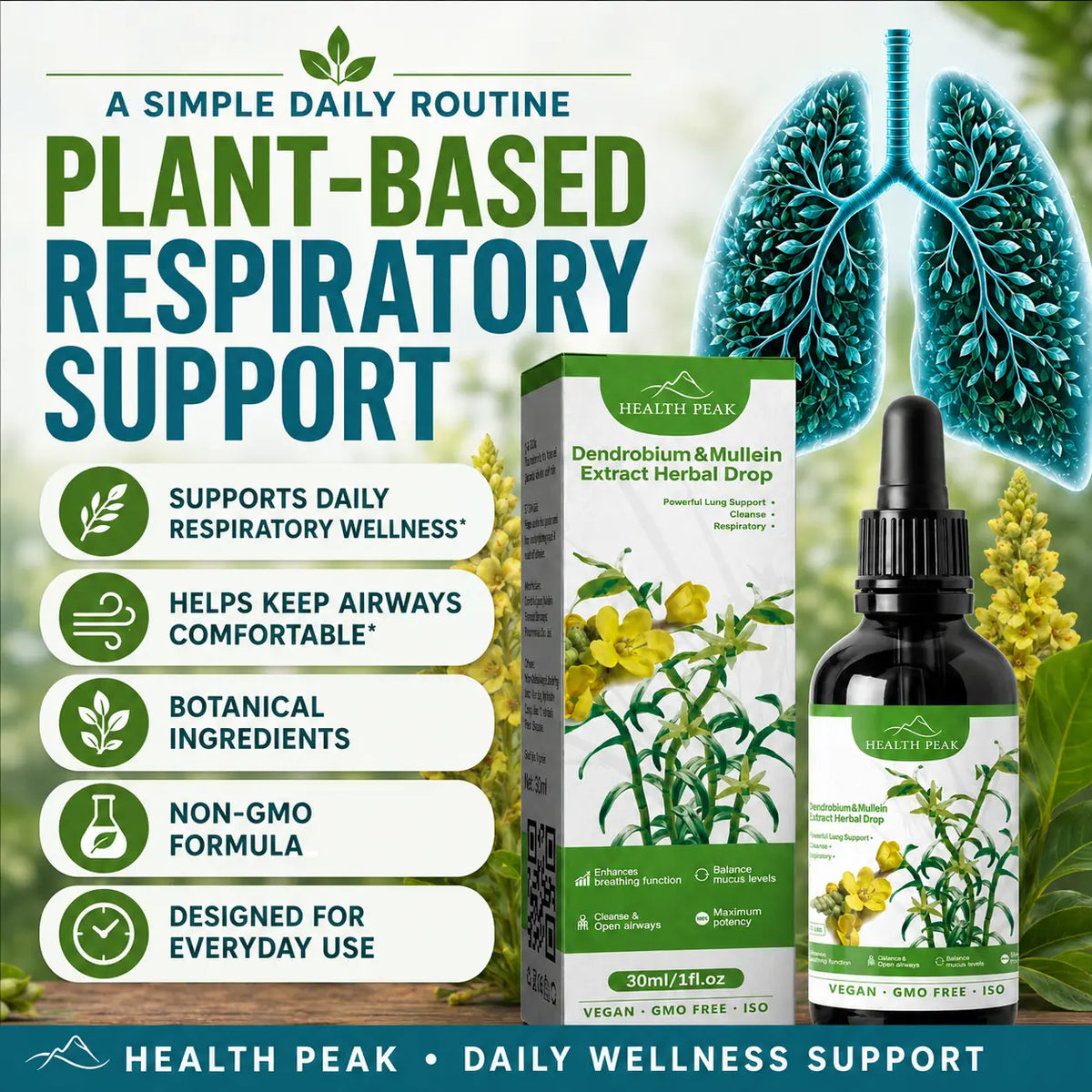 Health Peak™ Dendrobium & Mullein Extract:  Powerful Lung Support Cleanse & Respiratory