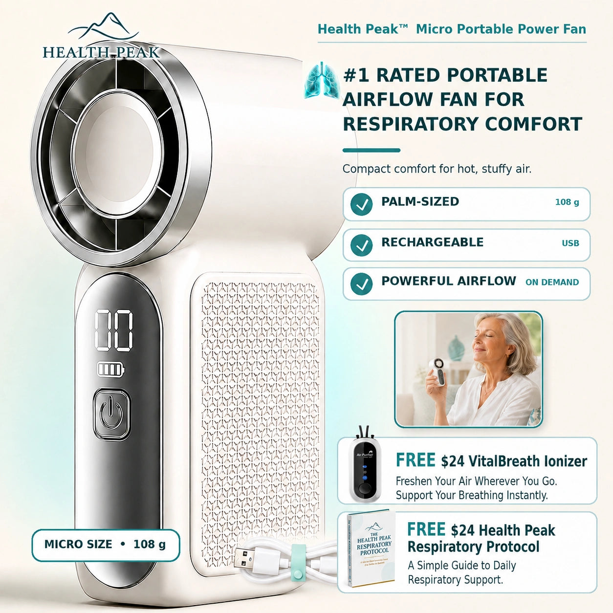 Health Peak™ VitalBreath Micro Portable Power Fan